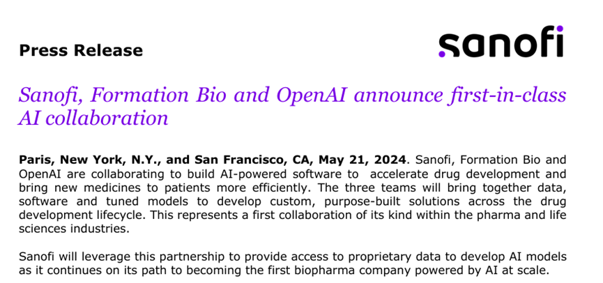 赛诺菲、OpenAI和FormationBio合作，推动人工智能药物开发软件