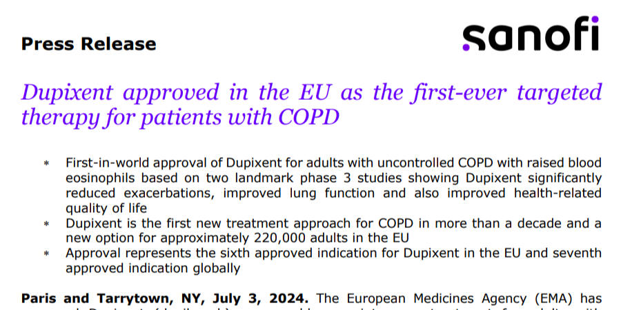 度普利尤单抗获得EMA批准，用于不受控制的COPD患者的附加维持治疗